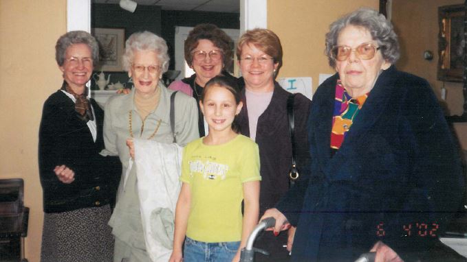 One of Many Outings, June 2002 (L to R) 1st Row  Grandaughter of Peggy Williams, Miss Mary McCullough Keith (1921-2007) (L to R) 2nd Row  Mrs. Charlene LaRue Shirley Bomer (1927-2007),  Mrs. Lula Belle Parker Austin (1908-2007), Peggy Williams, Transportation Manager 3rd Row  Rita Lush, Activities Director 