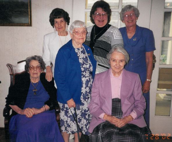 Luncheon at Mrs. Betty Nance's Home, July 2002 (L to R) 1st Row Miss Mary McCullough Keith (1921-2007), Mrs. Ruth Lillian Gearhart Beaver (1918-2008), Miss Lillian Mina Harley (1919-2013), (L to R) 2nd Row Mrs. Marion Elizabeth Cole Moore (1923-2009), Rira Lush, Activities Director, Betty Nance, Bible Study Teacher