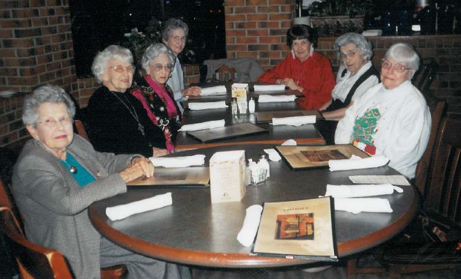 Dining Out, October 2002 Mrs. Eleanor May Herts Hersh (1909-2012), Mrs. Muriel C. King (1913-2005), Mrs. Louise Hobbs (1916-2006)Mrs. Charlene LaRue Shirley Bomer (1927-2007), Mrs. Marion Elizabeth Cole Moore (1923-2009), Miss Elizabeth Shute Cowles (1910-2003), Mrs. Ruth Lillian Gearhart Beaver (1918-2008)
