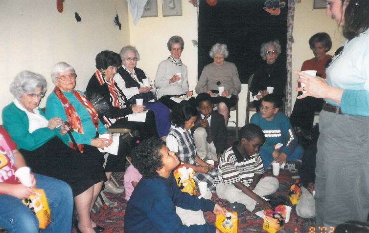 Halloween Party  The West End Home For Ladies, 2818 Vanderbilt Place,  October 2002 (L to R) Miss Elizabeth Shute Cowles (1910-2003),  Mrs. Ruth Lillian Gearhart Beaver (1918-2008),  Mrs. Marion Elizabeth Cole Moore (1923-2009), Mrs. Rosalyn Critser Smith (1909-2008), Mrs. Charlene LaRue Shirley Bomer (1927-2007),  Mrs. Muriel C. King (1913-2005),  Mrs. Louise Gatlin Hobbs (1916-2006), Unknown Guests Seated on Floor  Unknown Guests 