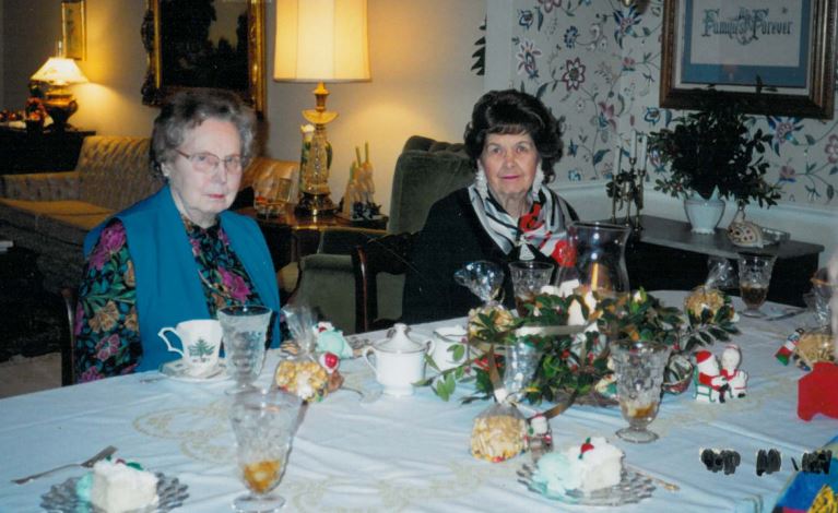 Christmas Luncheon at the Home of Betty Nance, December 1999 (L to R) Miss Wilma Louise Short (1922-2003), Mrs. Marion Elizabeth Cole Moore (1923-2009)