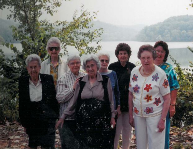 Radnor Lake, August 20, 1999  (1st Row L to R) Miss Elizabeth Shute Cowles (1910-2003), Miss Wilma Louise Short (1922-2003) (2nd Row L to R) Mrs. Eleanor May Herts Hersh (1909-2012),  Mrs. Ruth Lillian Gearhart Beaver (1918-2008), Mrs. Annie Rai Doyal Shaw (1917-2010) (3rd Row L to R) Mrs. Lula Belle Parker Austin (1908-2007),  Mrs. Marion Elizabeth Cole Moore (1923-2009), Rita Lush, Activities Director, The West End Home For Ladies 