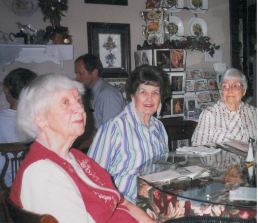 Miss Mabel's Tea Room, July 23, 1999 (L to R) Mrs. Virginia Williams Harris, Mrs. Marion Elizabeth Cole Moore (1923-2009), Mrs. Ruth Lillian Gearhart Beaver (1918-2008)